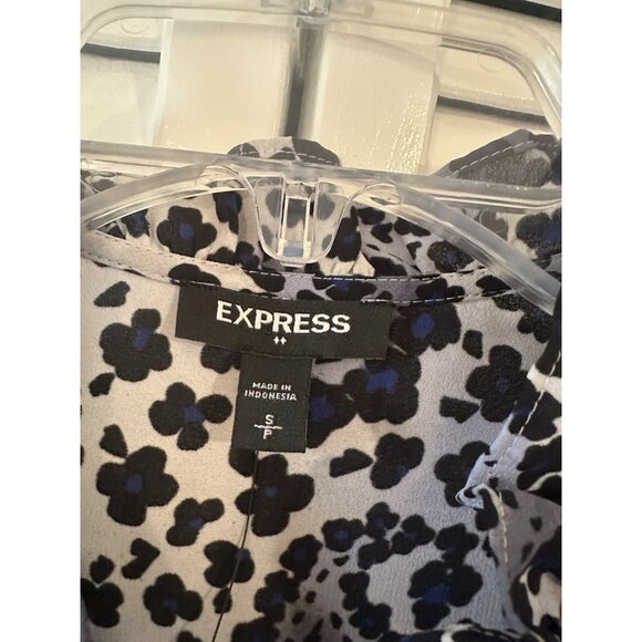 Express Floral Black Blue Womens Top Button Up Shirt Blouse Career NWT Sz SP - Picture 3 of 8